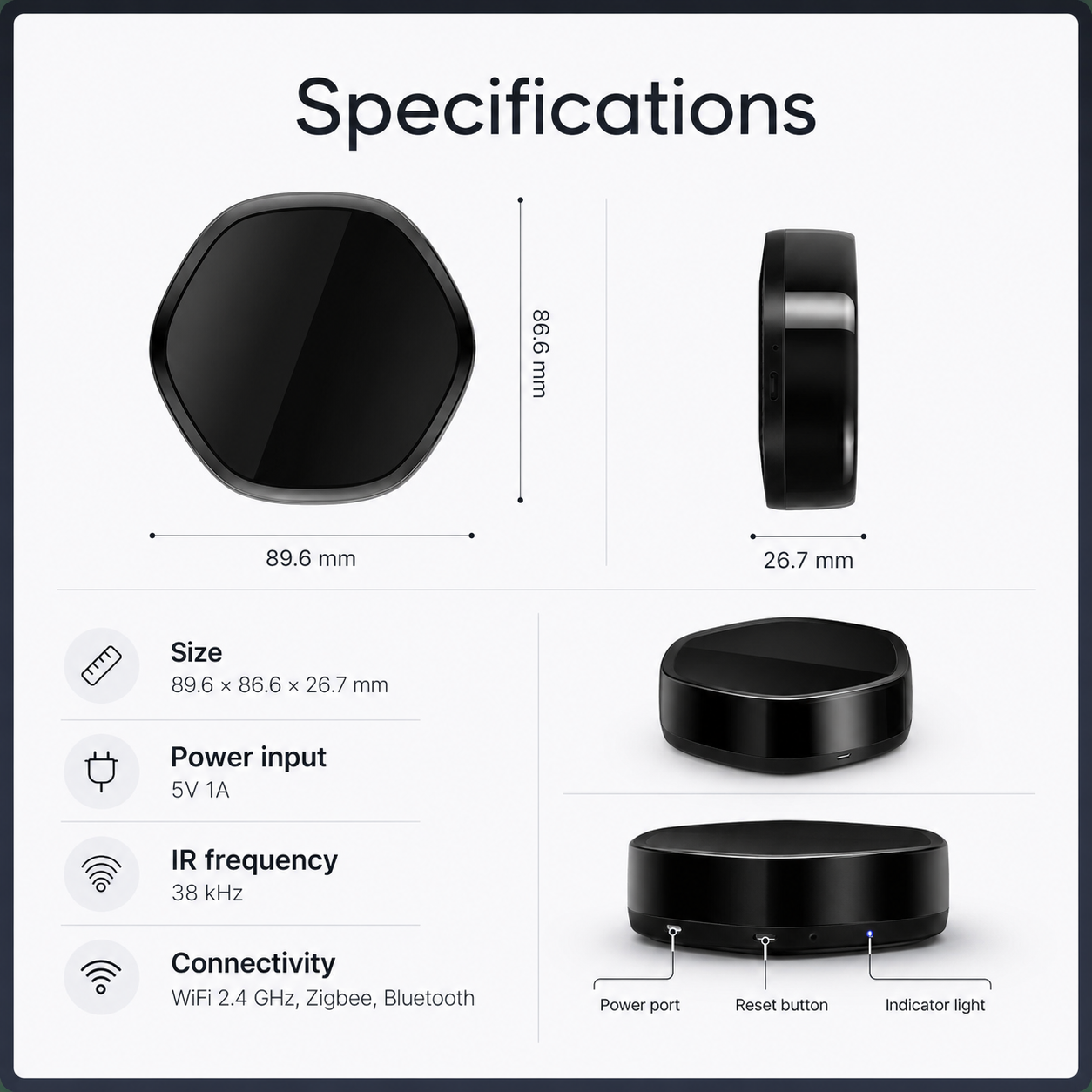 Technical specifications and dimensions for smart IR gateway