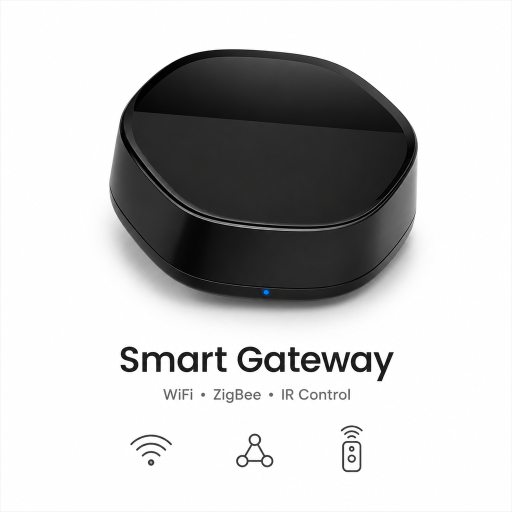 Studio packshot of black WiFi ZigBee IR smart gateway