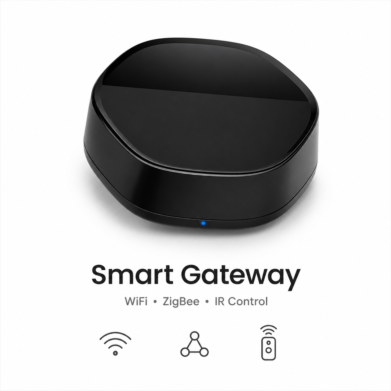 Studio packshot of black WiFi ZigBee IR smart gateway