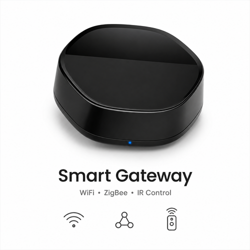 Studio packshot of black WiFi ZigBee IR smart gateway