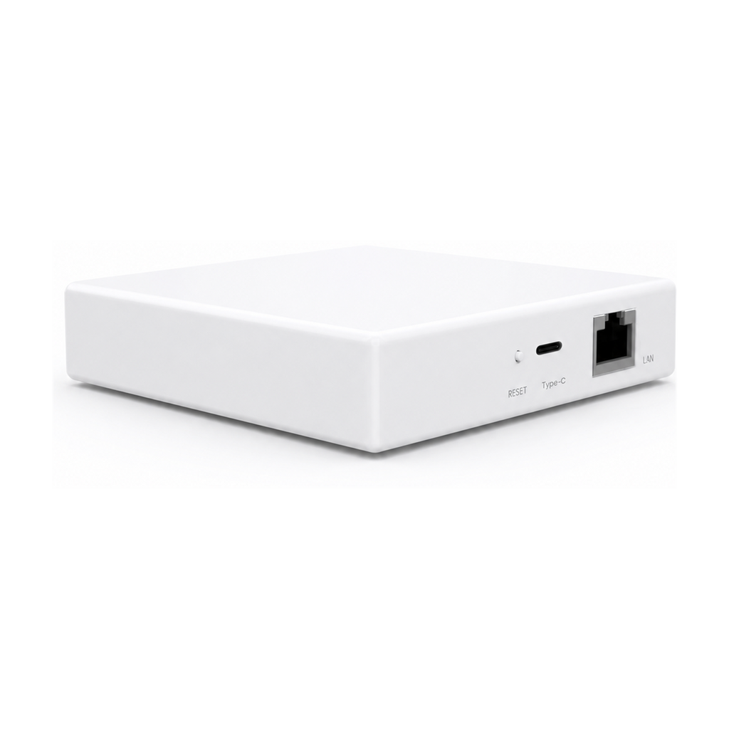 Passerelle ZigBee filaire NéoBridge Matter Comfort en boîtier blanc compact sur fond blanc.