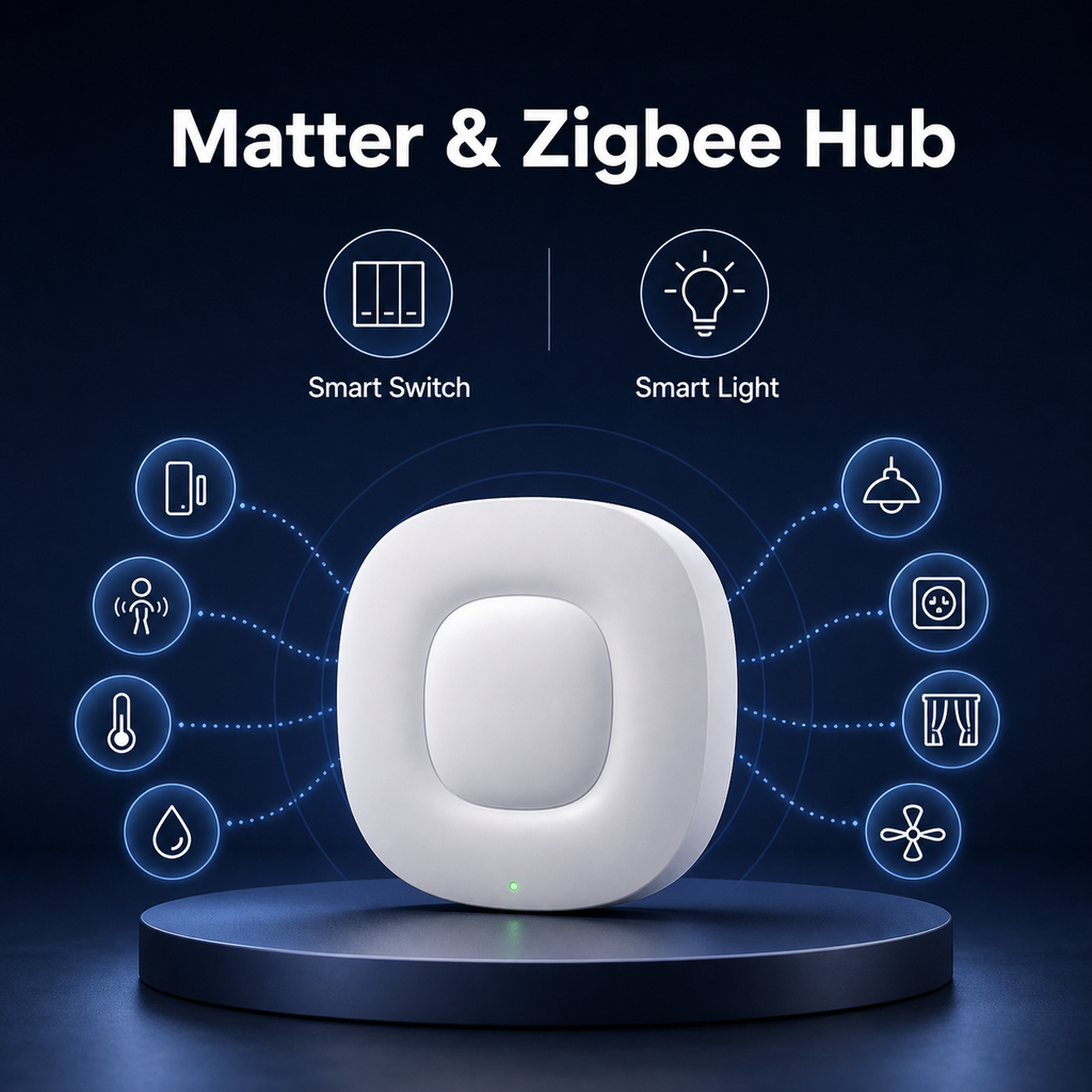 Packshot du hub Matter et ZigBee NéoBridge Ultra Pro avec icônes d’appareils génériques
