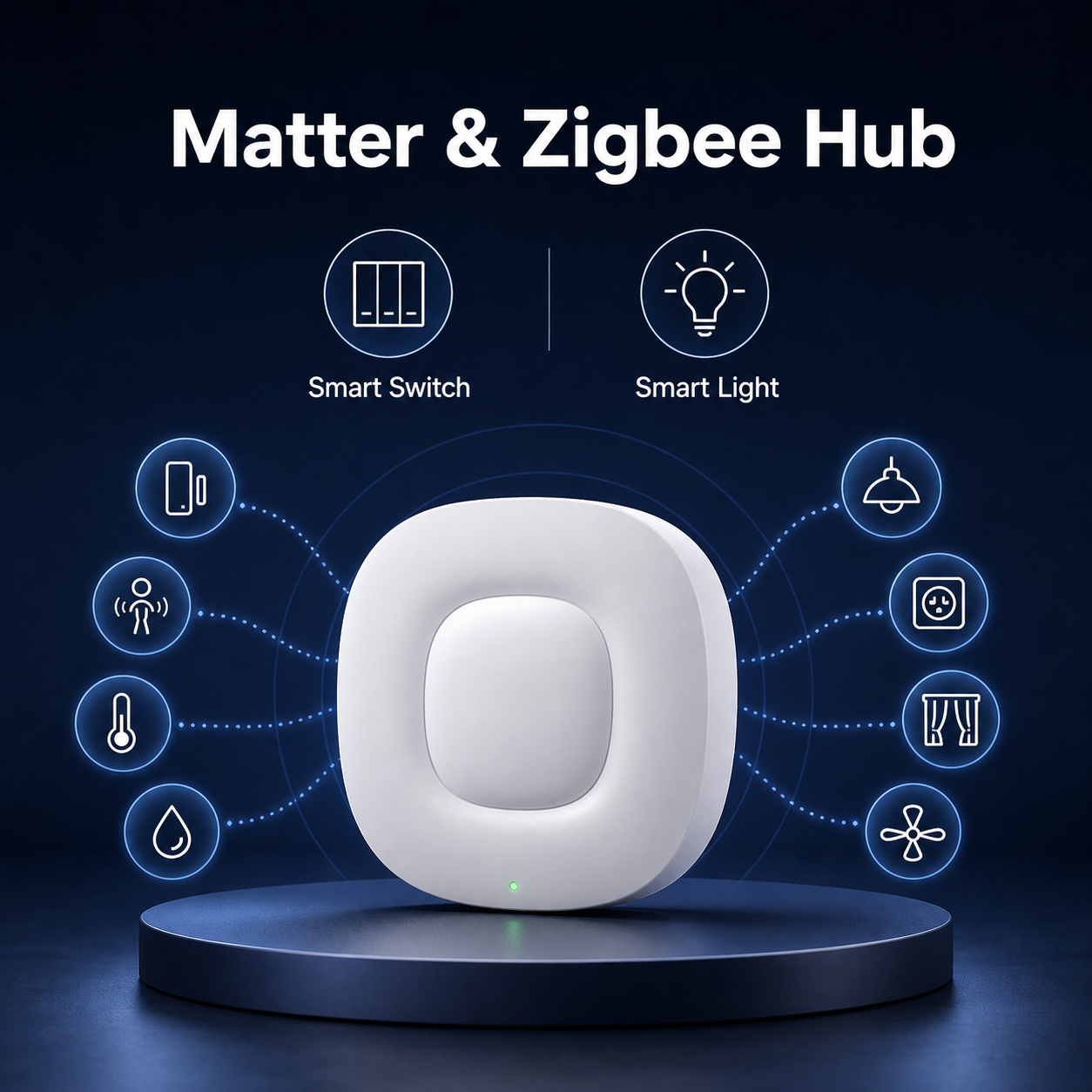 Packshot du hub Matter et ZigBee NéoBridge Ultra Pro avec icônes d’appareils génériques