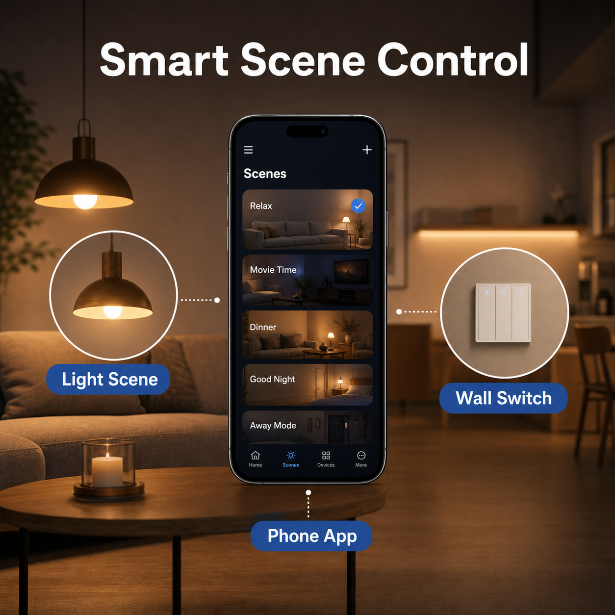 Contrôle des scènes lumineuses et interrupteurs depuis application mobile