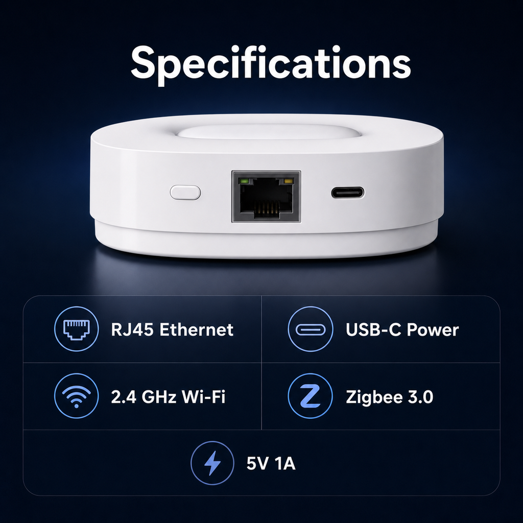 Spécifications et ports RJ45 USB-C WiFi 2,4 GHz et ZigBee 3.0 du NéoBridge Ultra Pro