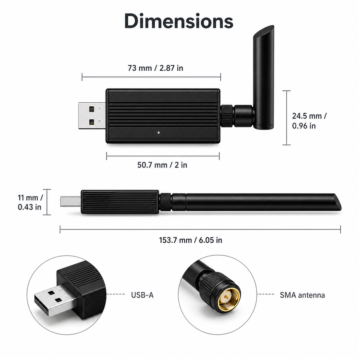 Schéma des dimensions de la clé USB ZigBee Thread avec antenne SMA