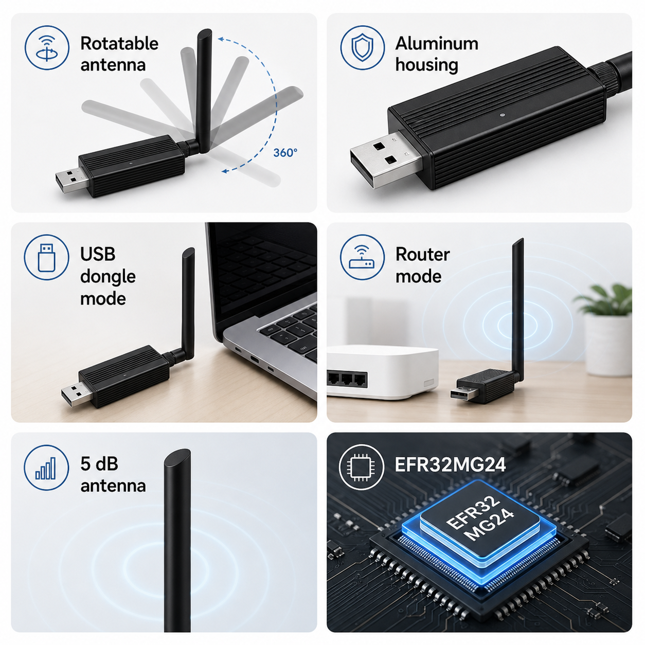 Grille de fonctionnalités de la clé USB ZigBee Thread EFR32MG24