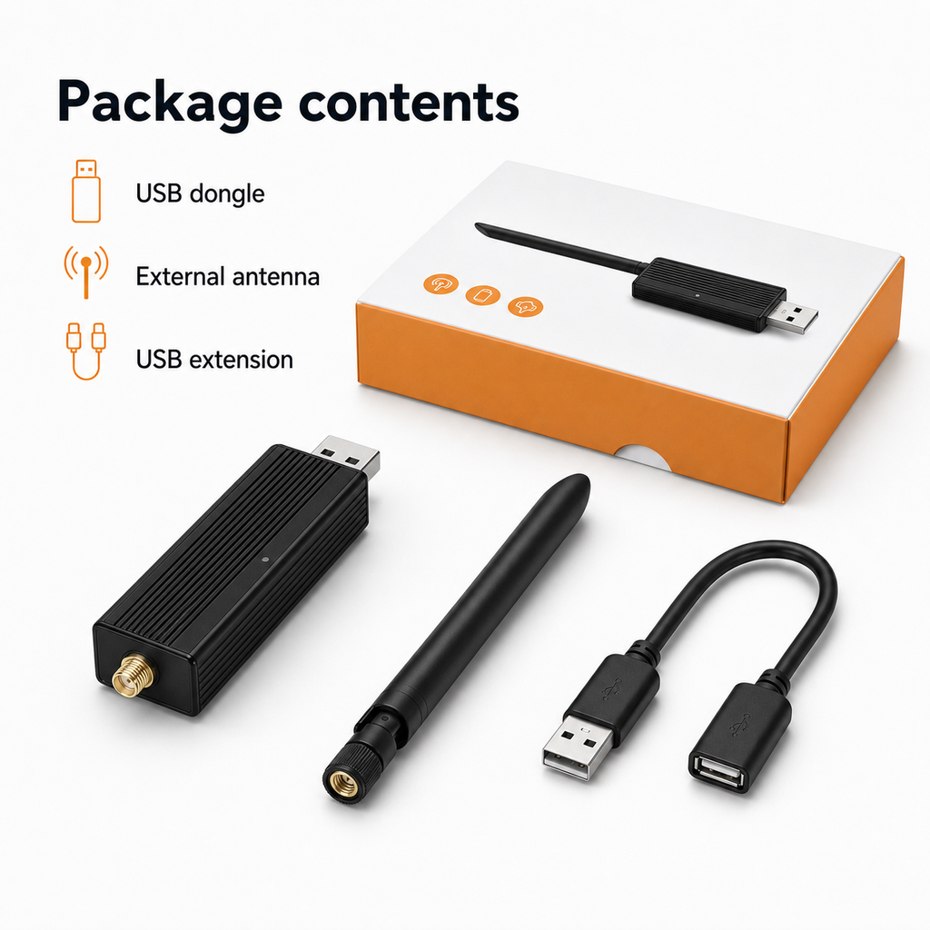 Contenu du pack de la clé USB ZigBee Thread avec antenne et extension USB
