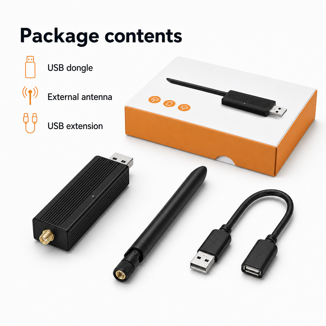 Contenu du pack de la clé USB ZigBee Thread avec antenne et extension USB