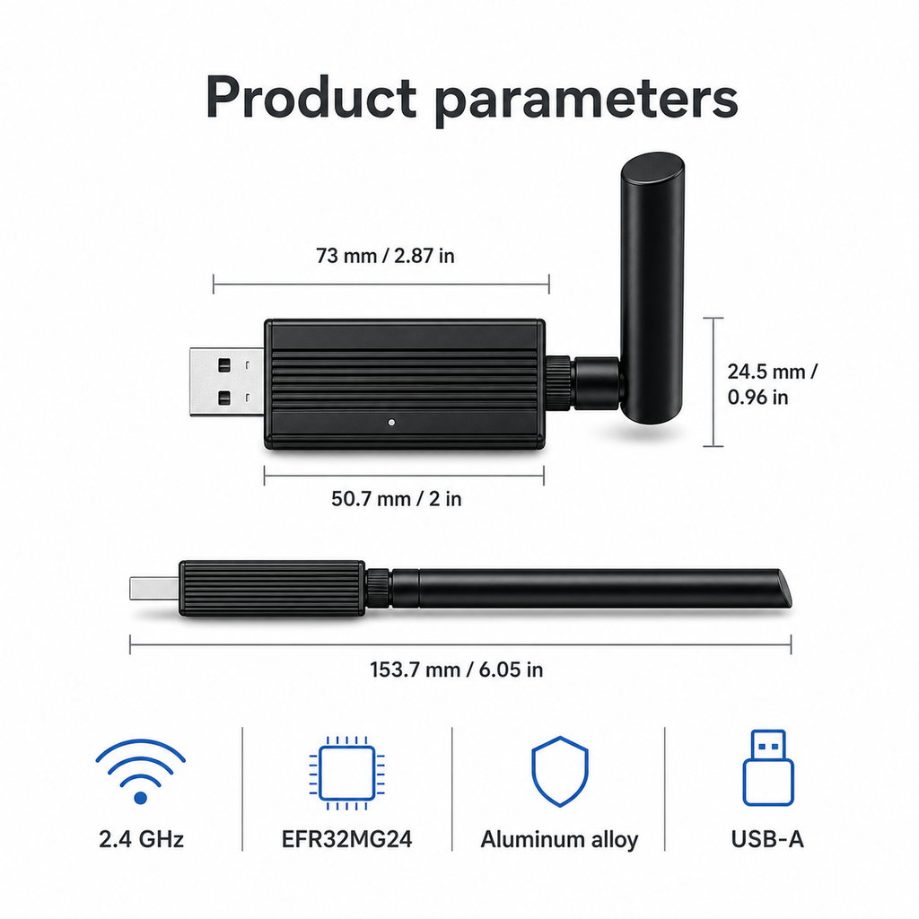 Paramètres et dimensions de la clé USB ZigBee Thread EFR32MG24