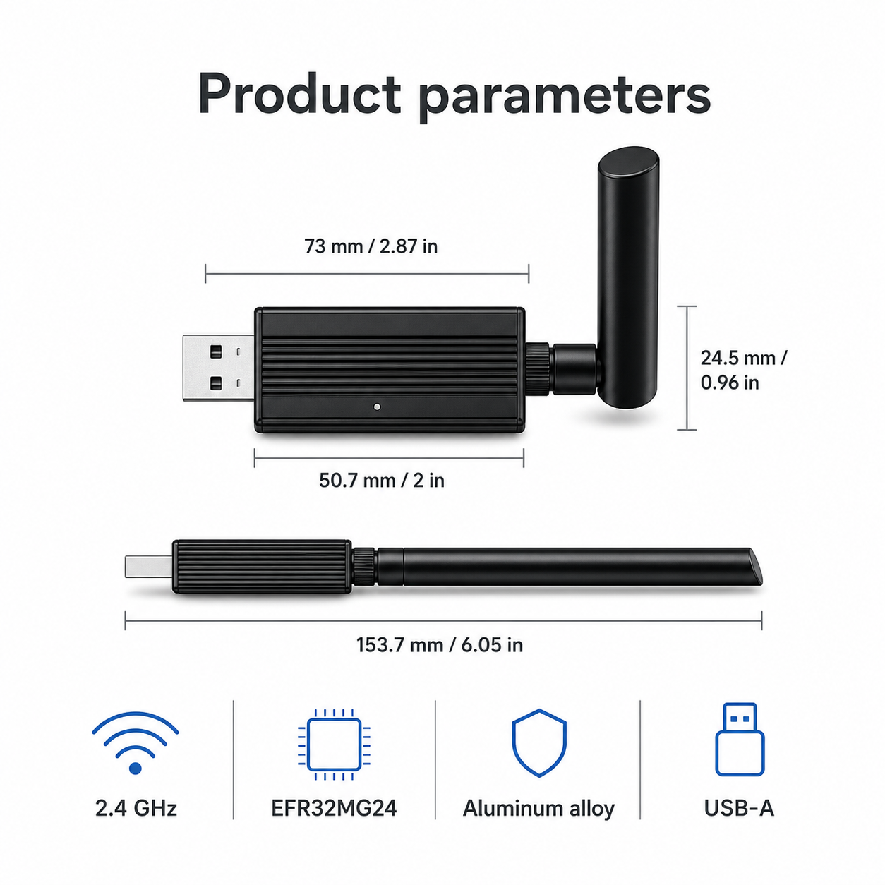 Paramètres et dimensions de la clé USB ZigBee Thread EFR32MG24