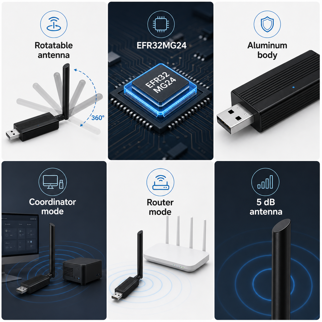 Fonctions techniques de la clé USB ZigBee Thread avec antenne 5 dB