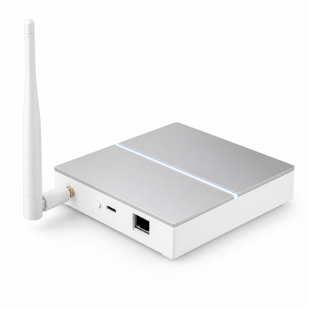 Studio packshot of wired ZigBee gateway with antenna and Ethernet port