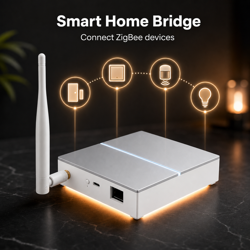 Smart home bridge visual showing the wired ZigBee gateway connecting compatible devices