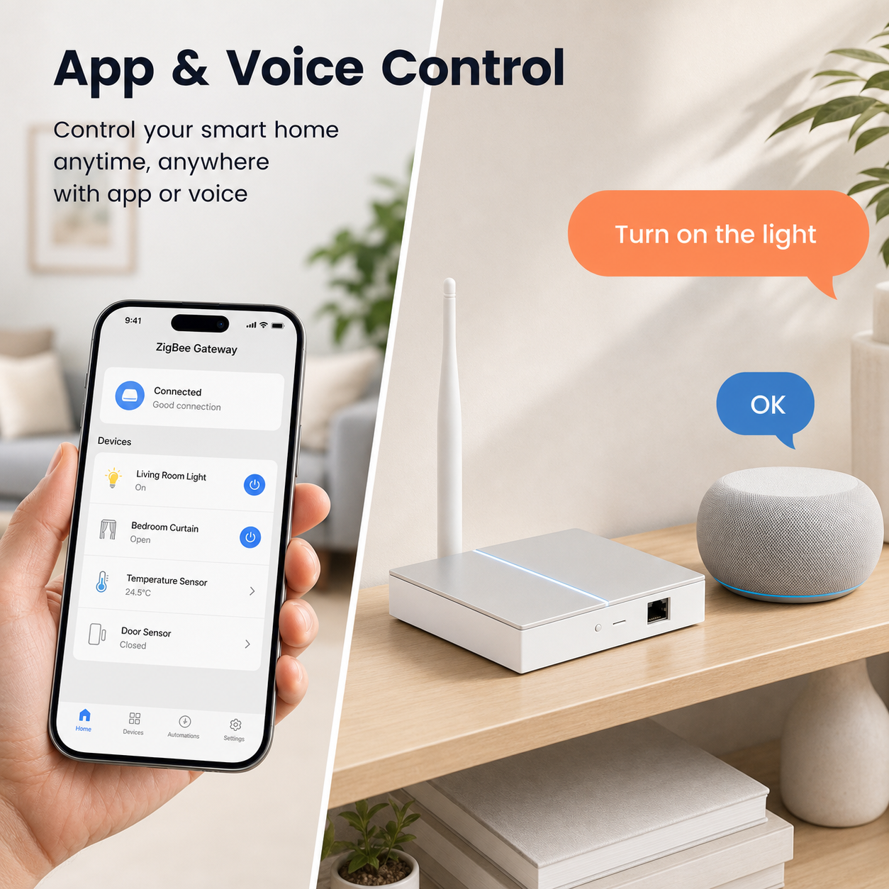 App and voice control visual for wired ZigBee gateway
