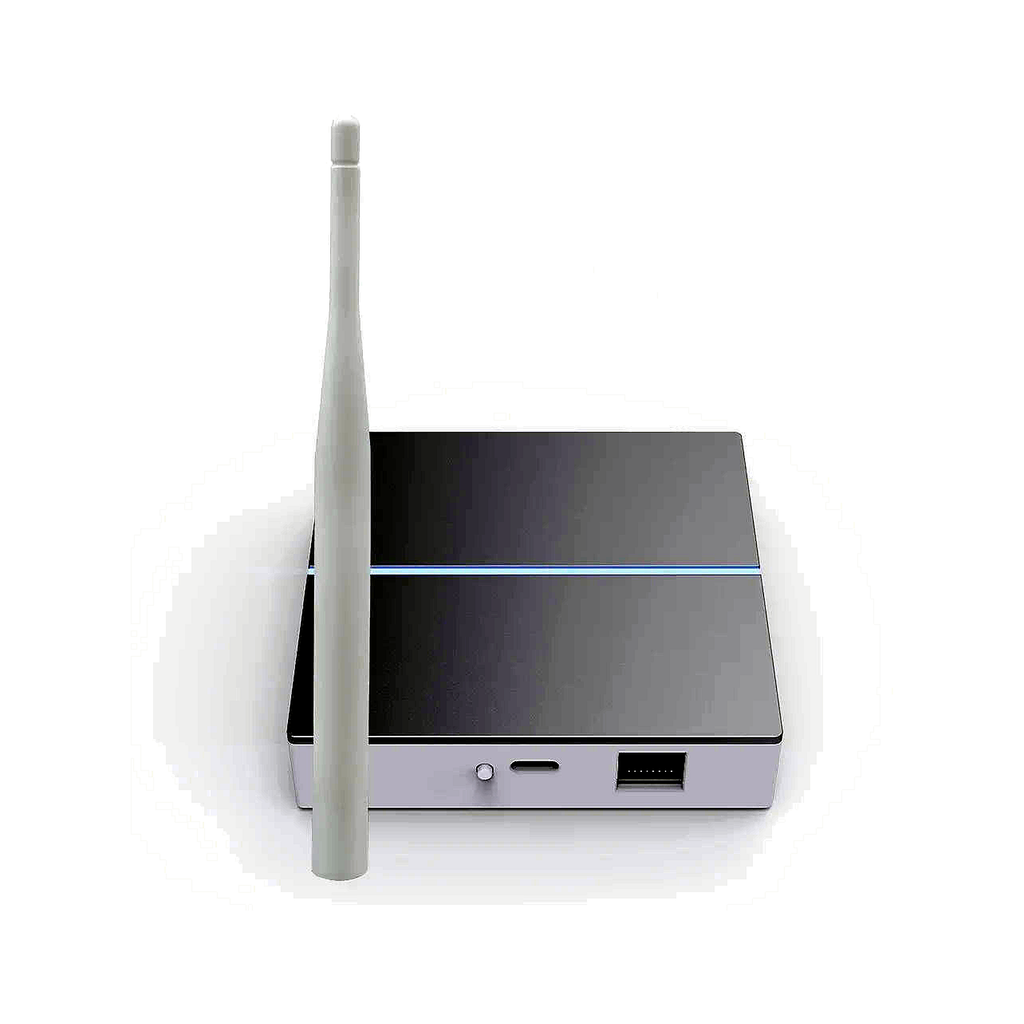 Hub ZigBee filaire NéoBridge vu côté ports Ethernet et USB-C sur fond blanc