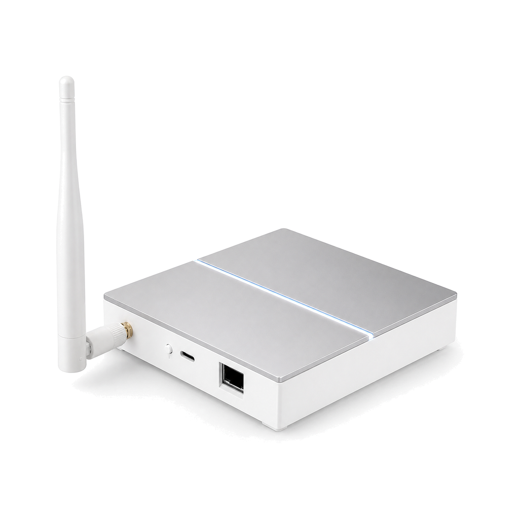 Passerelle ZigBee filaire NéoBridge avec antenne et ports sur fond blanc