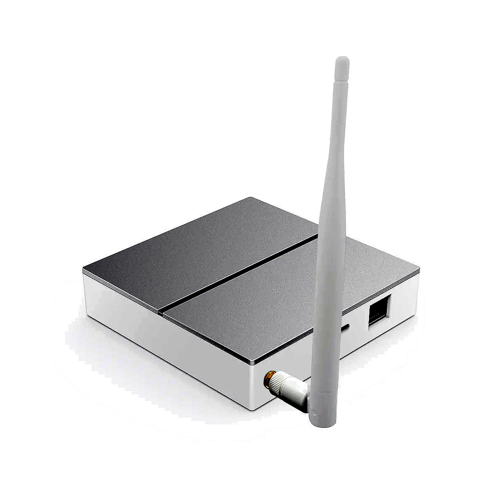 Hub ZigBee filaire NéoBridge vu en angle avec antenne sur fond blanc