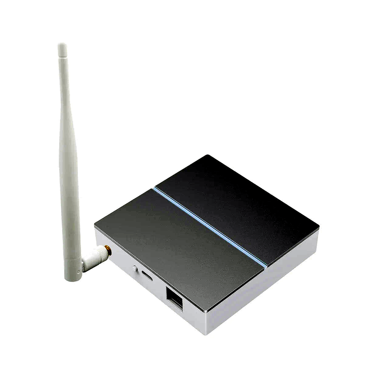 Passerelle ZigBee filaire NéoBridge vue côté ports avec antenne sur fond blanc