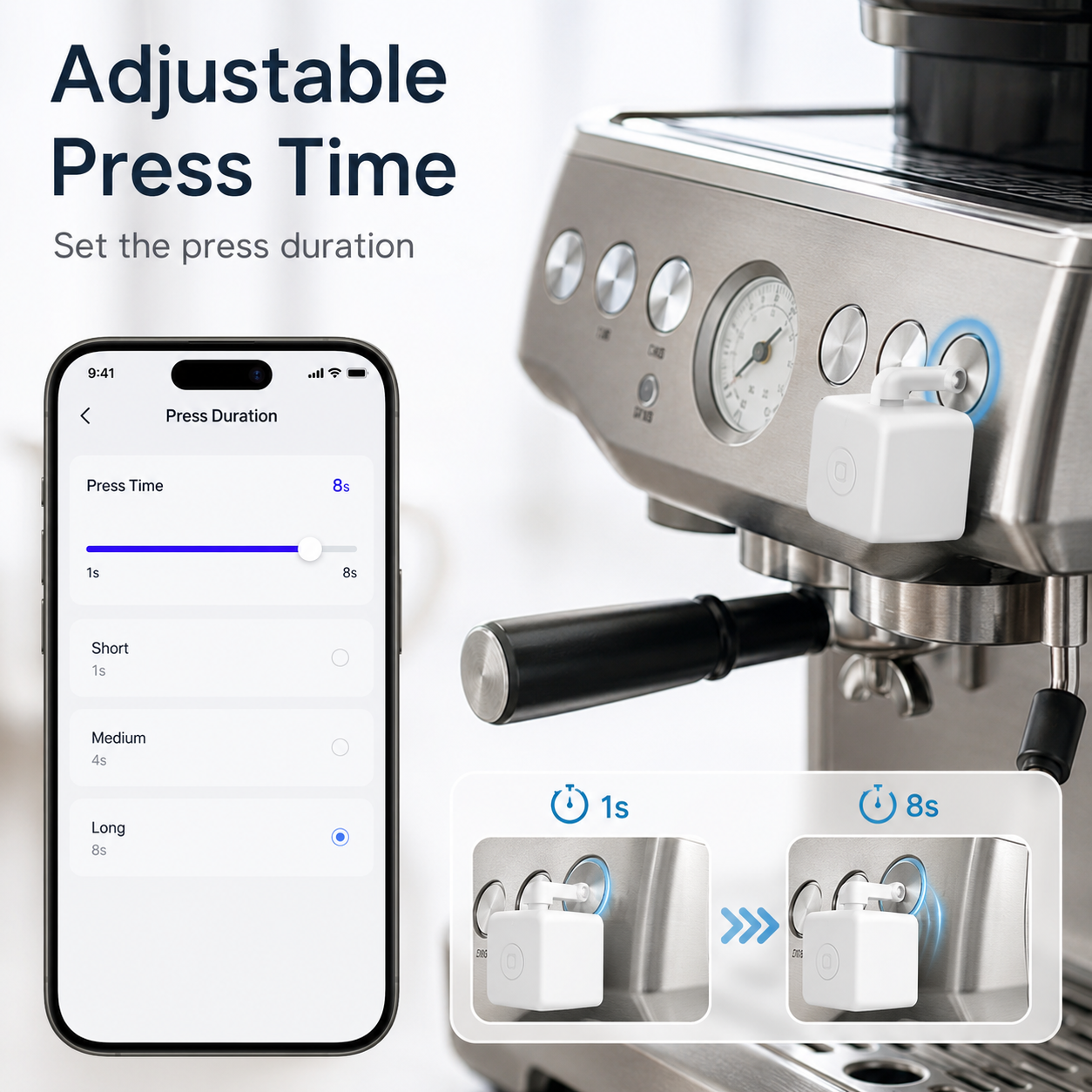 Adjustable press time visual for coffee machine button automation