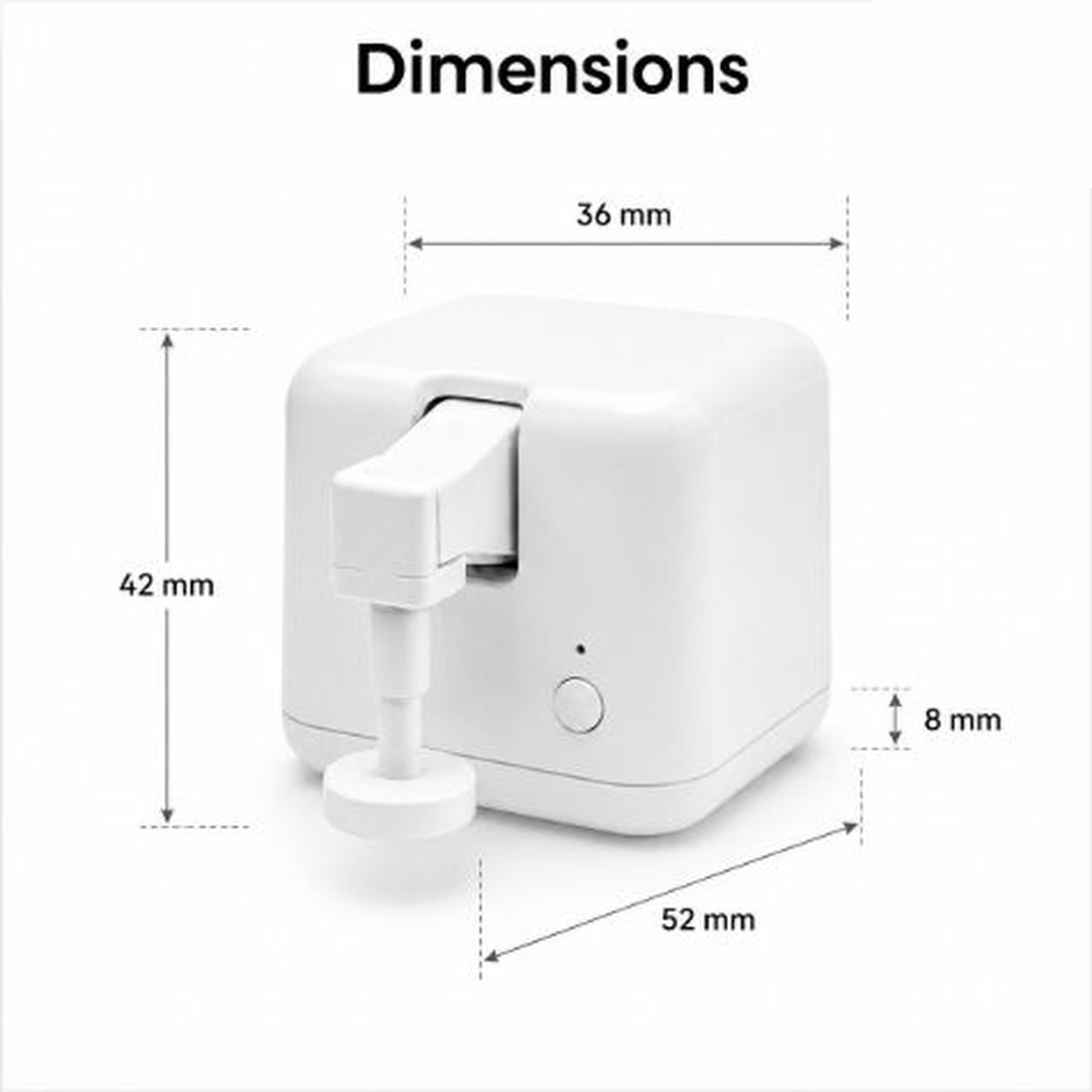 Dimensions diagram for compact Bluetooth button bot with adjustable arm