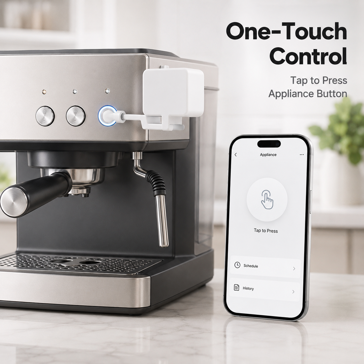 One-touch mobile control scene with Bluetooth button bot on appliance button