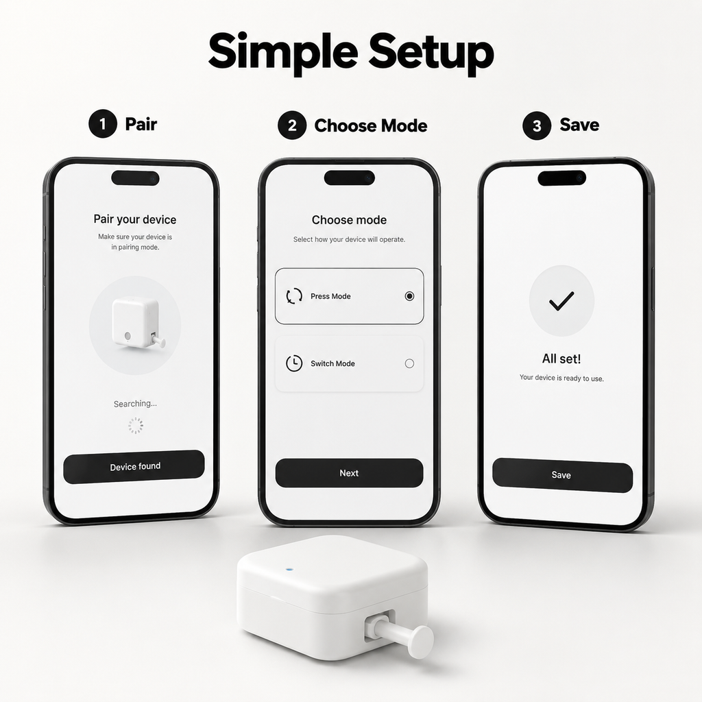 Simple setup flow for Bluetooth button bot with generic app screens