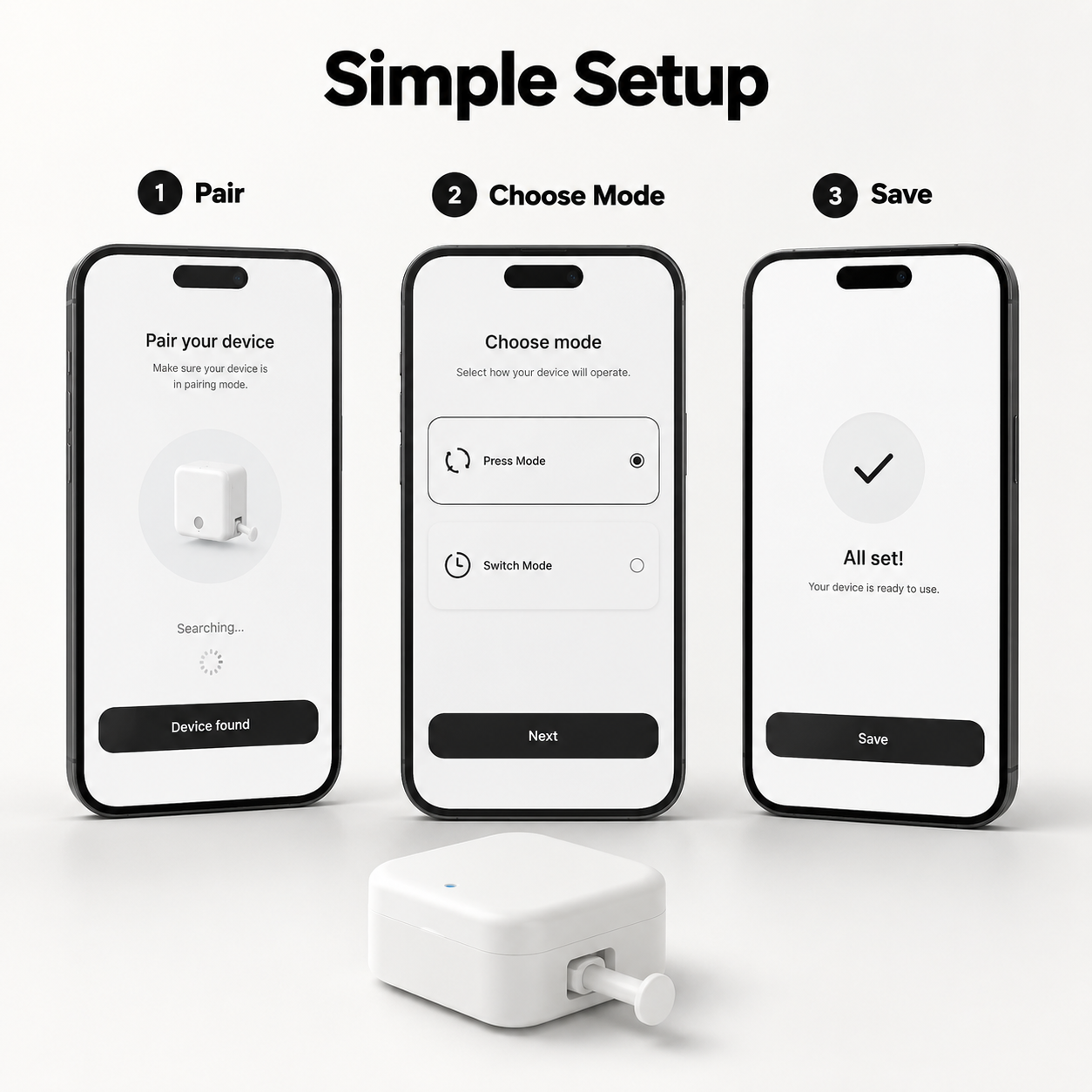 Simple setup flow for Bluetooth button bot with generic app screens