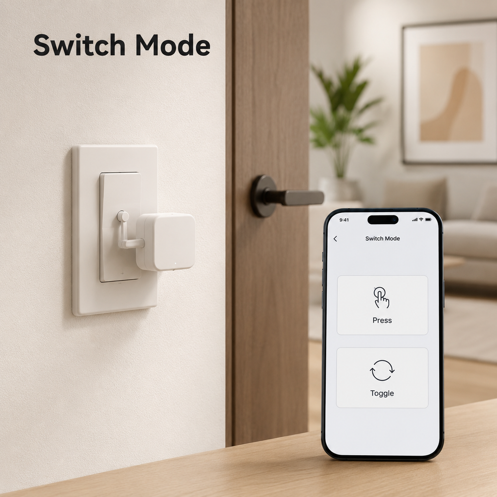 Switch mode control scene with Bluetooth button bot and generic mobile interface