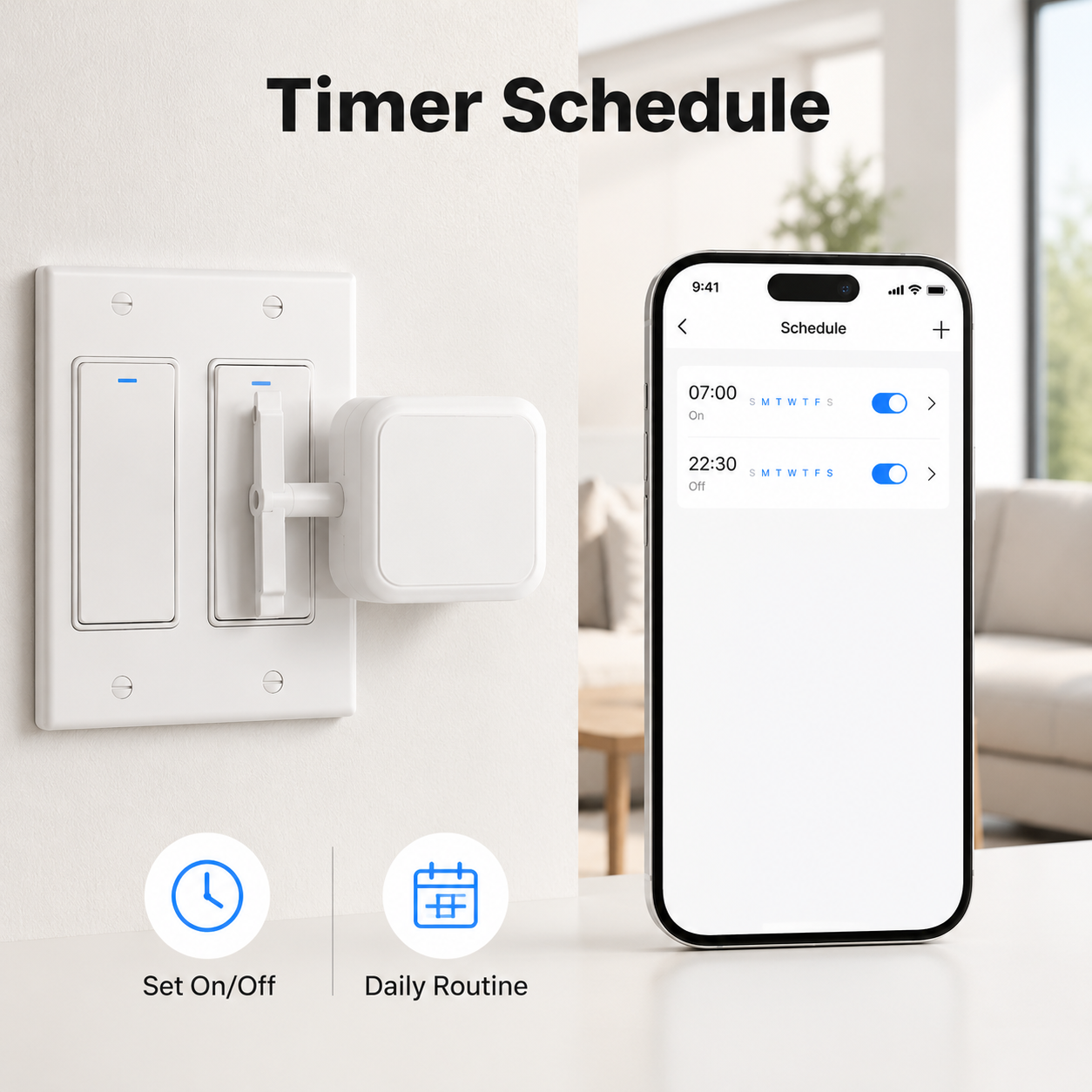Timer schedule control image with Bluetooth button bot on wall switch