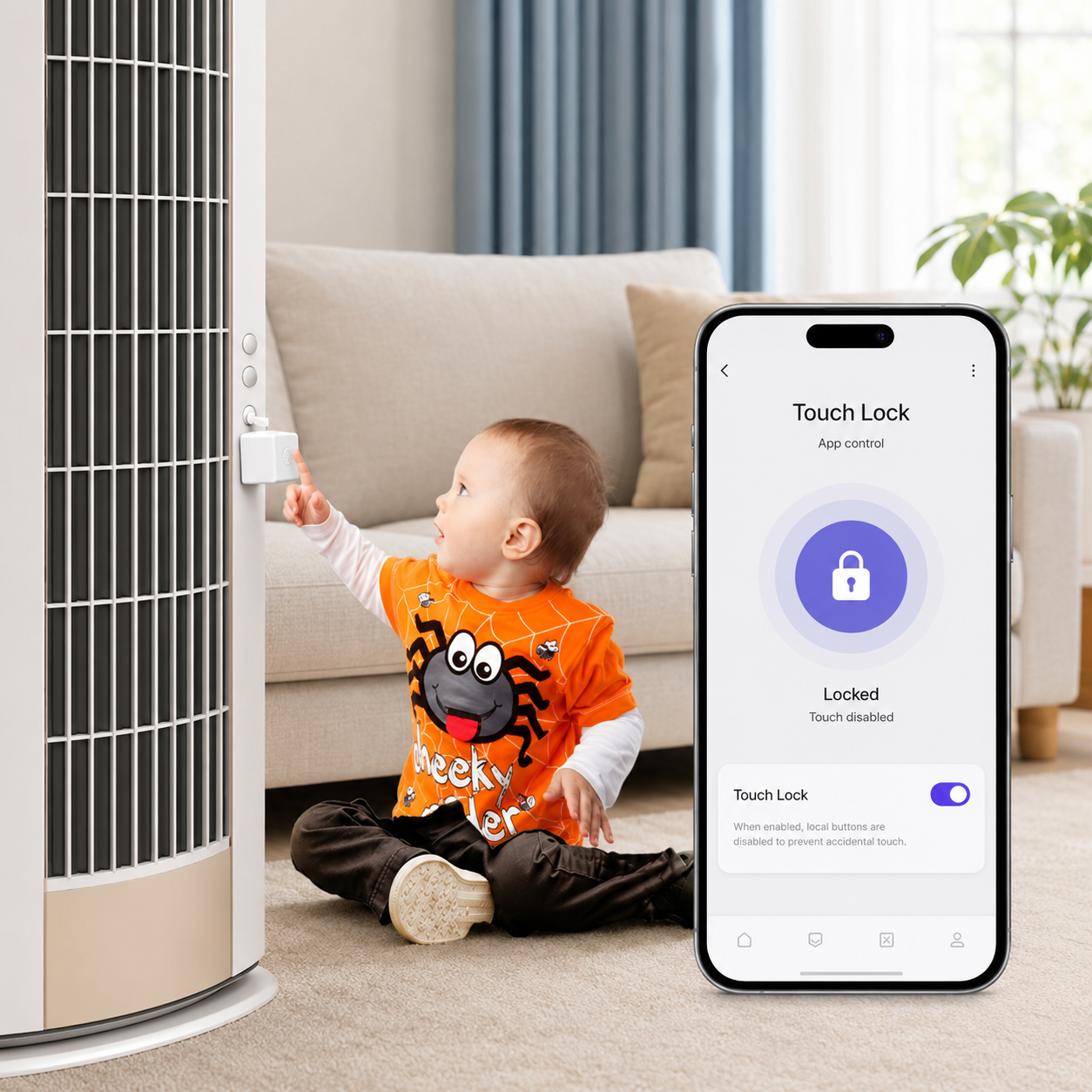Touch lock and child safety app control visual for button robot