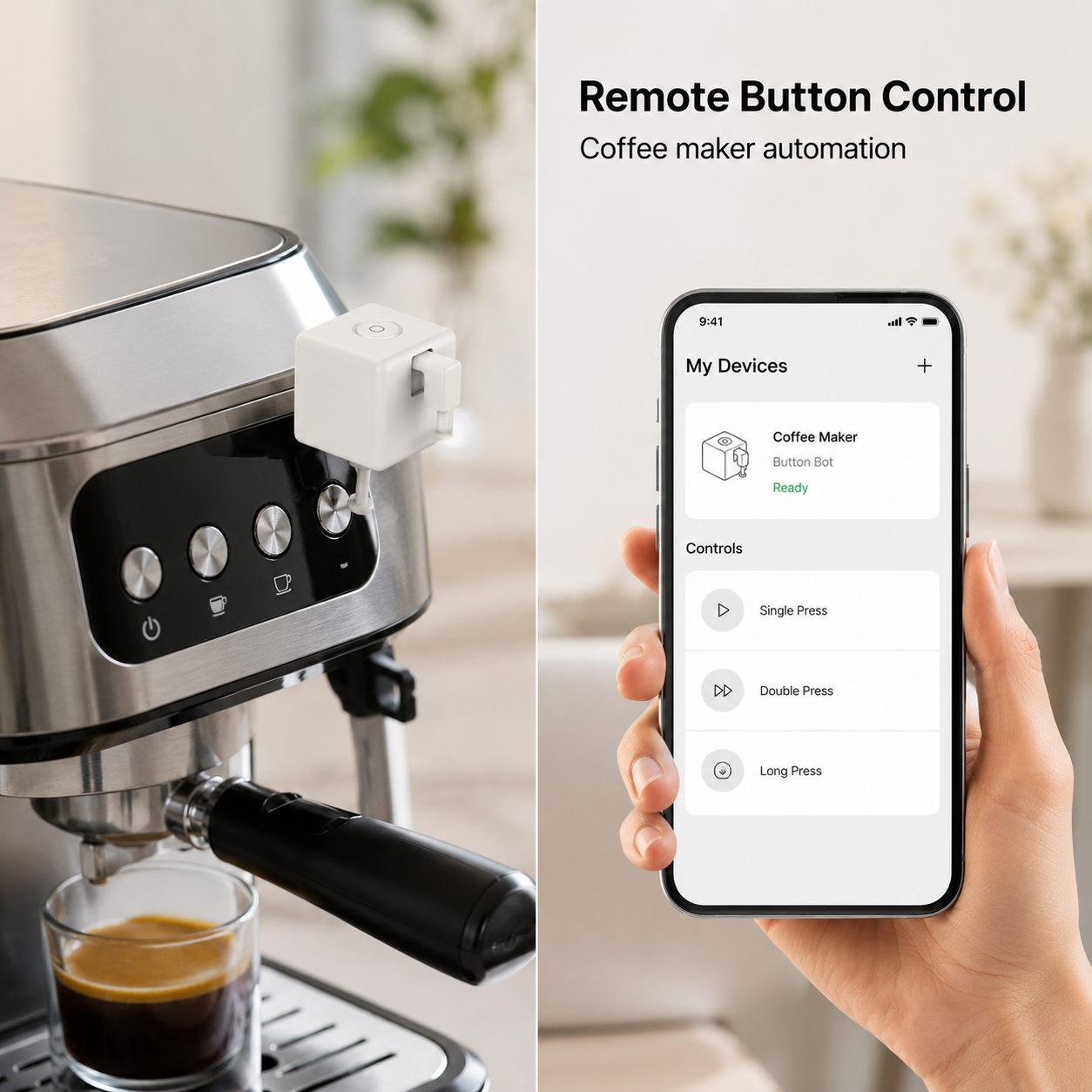 Button robot controlling a coffee machine with mobile app control