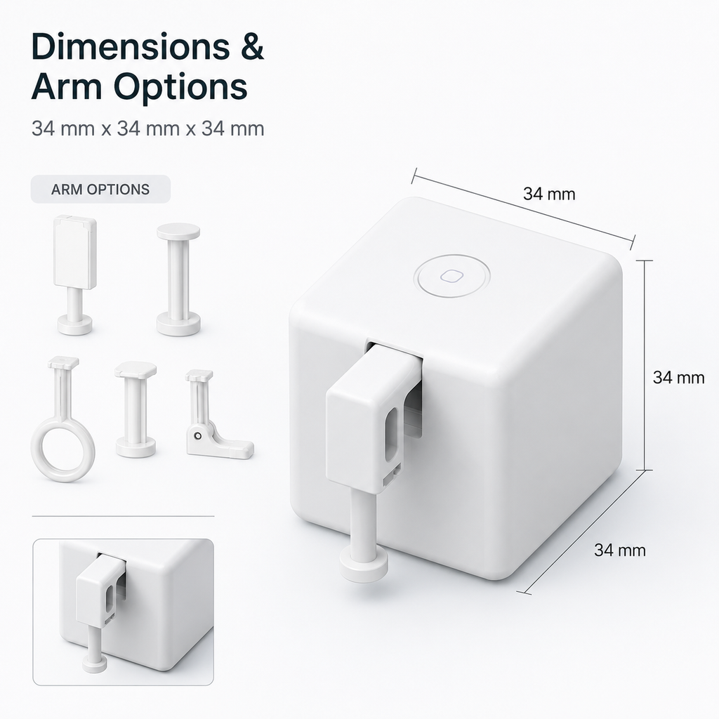 Dimensions and modular arm options for white ZigBee button robot