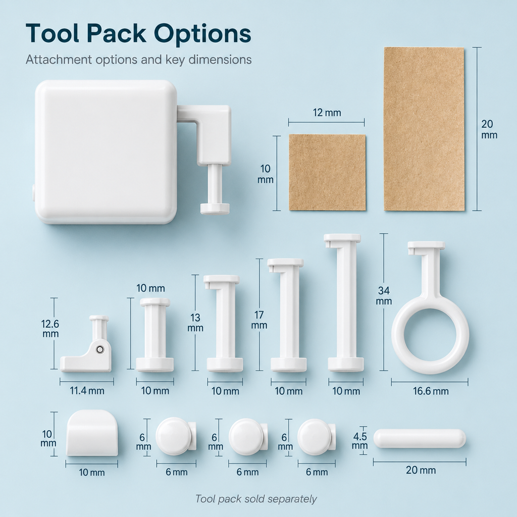 Tool pack options and dimensions for modular button robot accessories