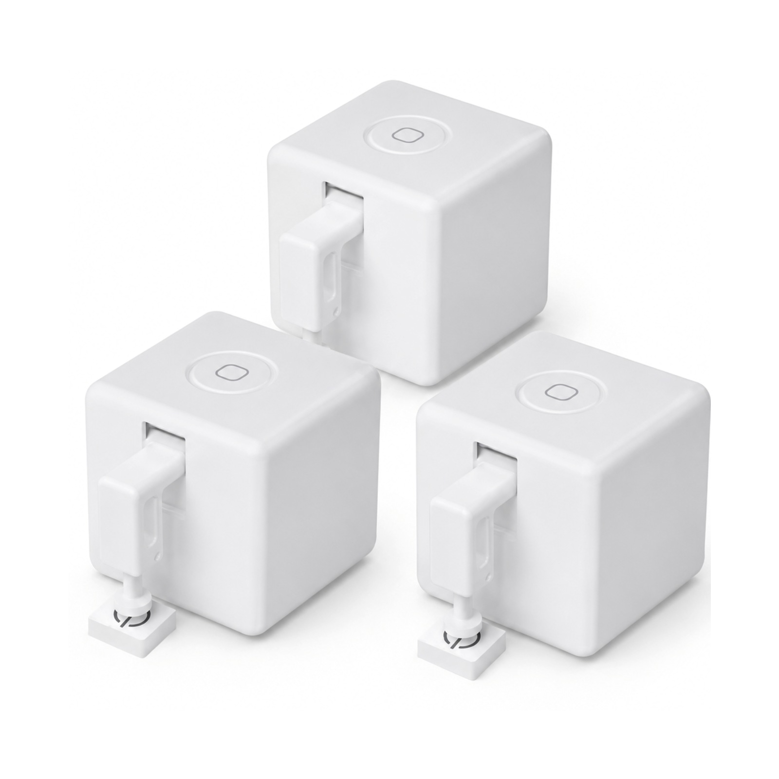 Trois robots bouton ZigBee blancs sur fond blanc
