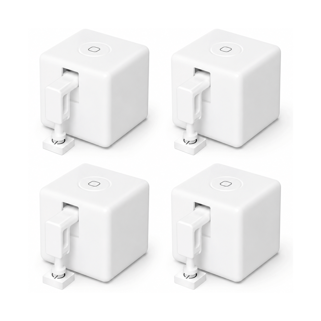 Quatre robots bouton ZigBee blancs sur fond blanc