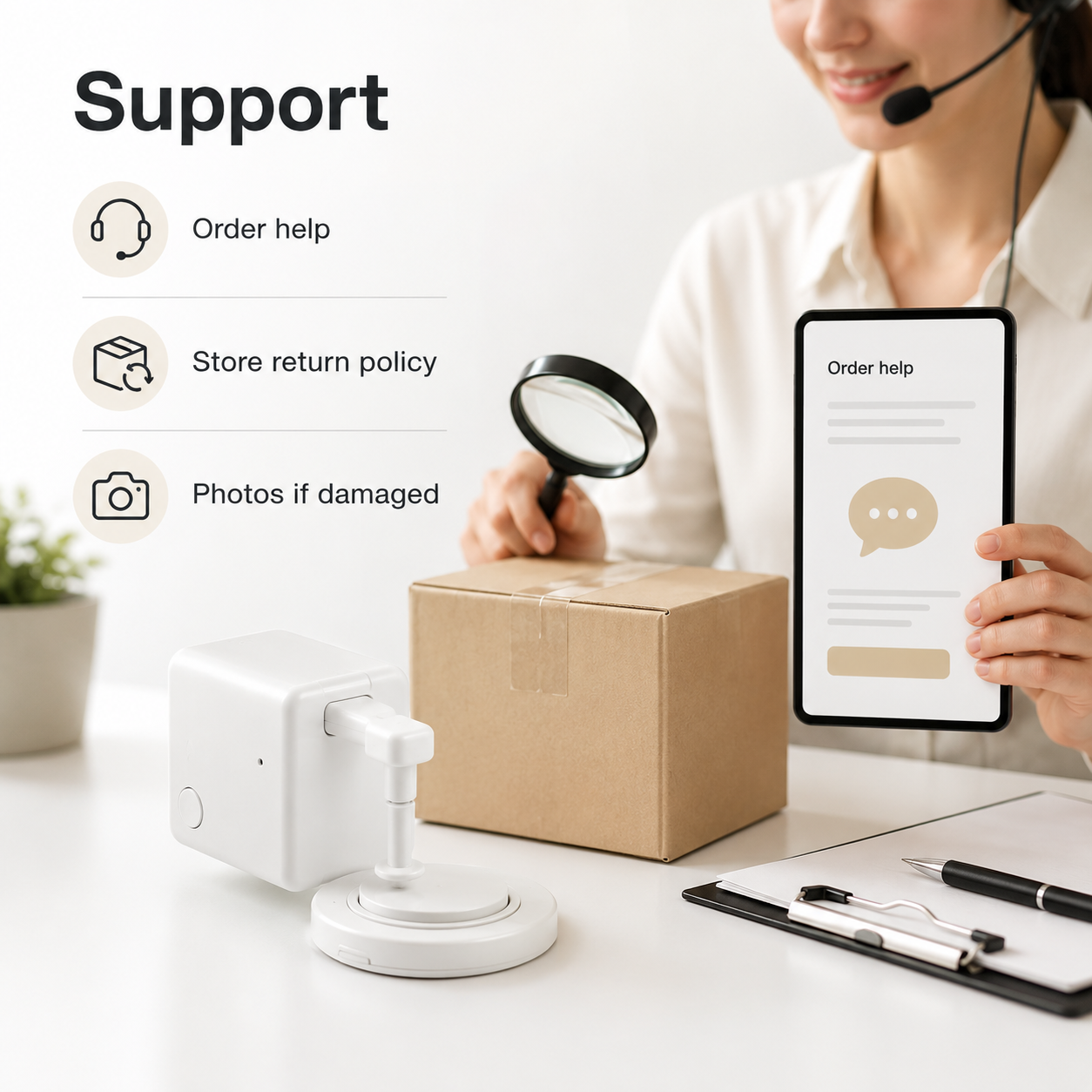 Support and returns information visual for button robot product