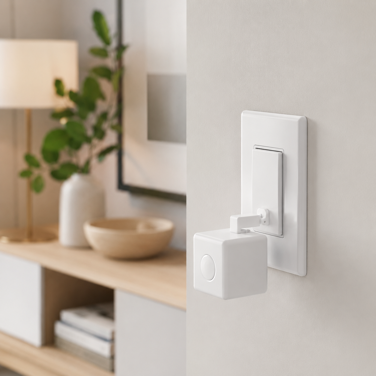 Smart button robot pressing an existing wall switch with clean automation setup