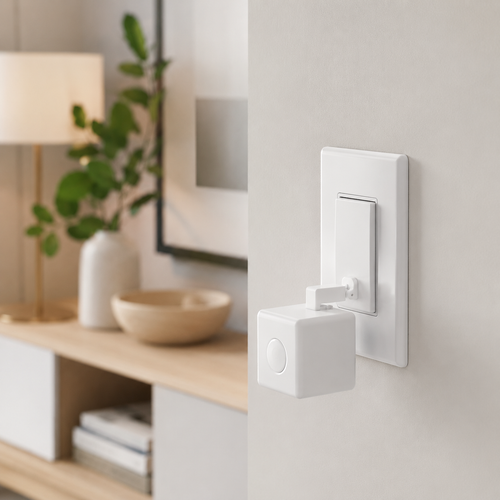 Button robot mounted on wall switch in modern home scene