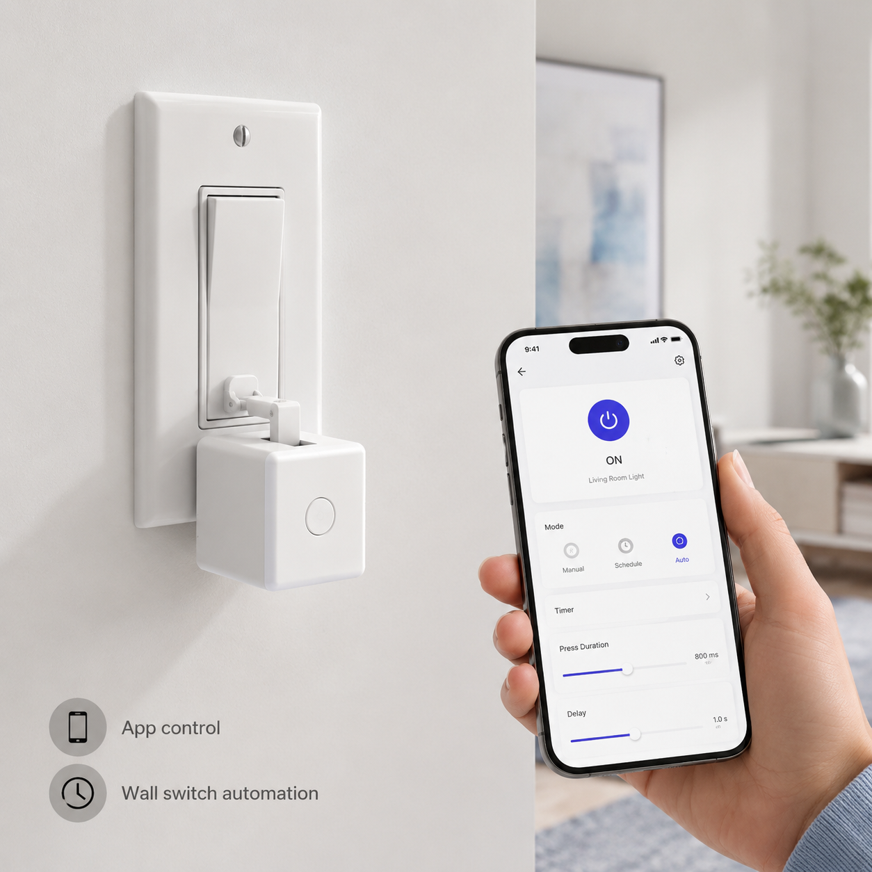 Wall switch app control scene with white button robot