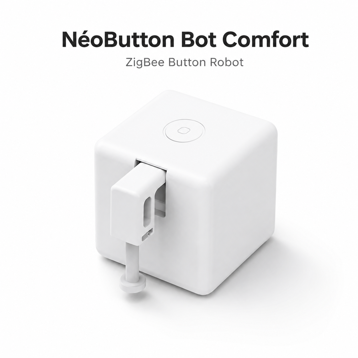 Studio packshot of white ZigBee button robot for physical switch automation