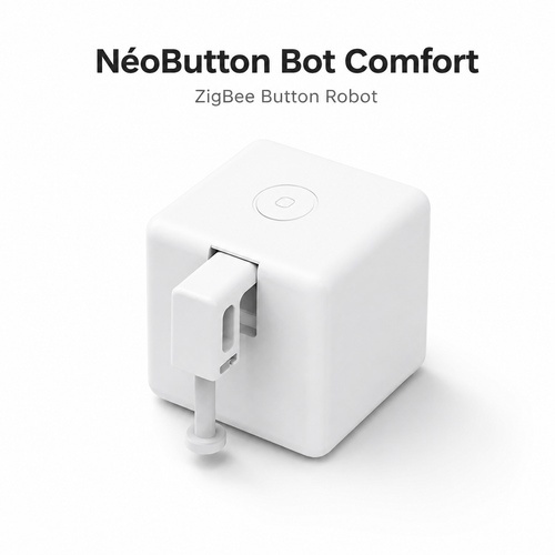 Studio packshot of white ZigBee button robot for physical switch automation