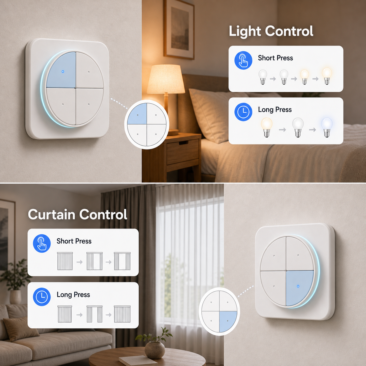 NéoButton Orb 4-en-1 Pro detailed light and curtain actions