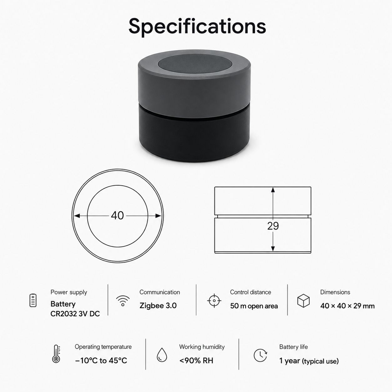 Compact dimensions and specifications for smart knob button