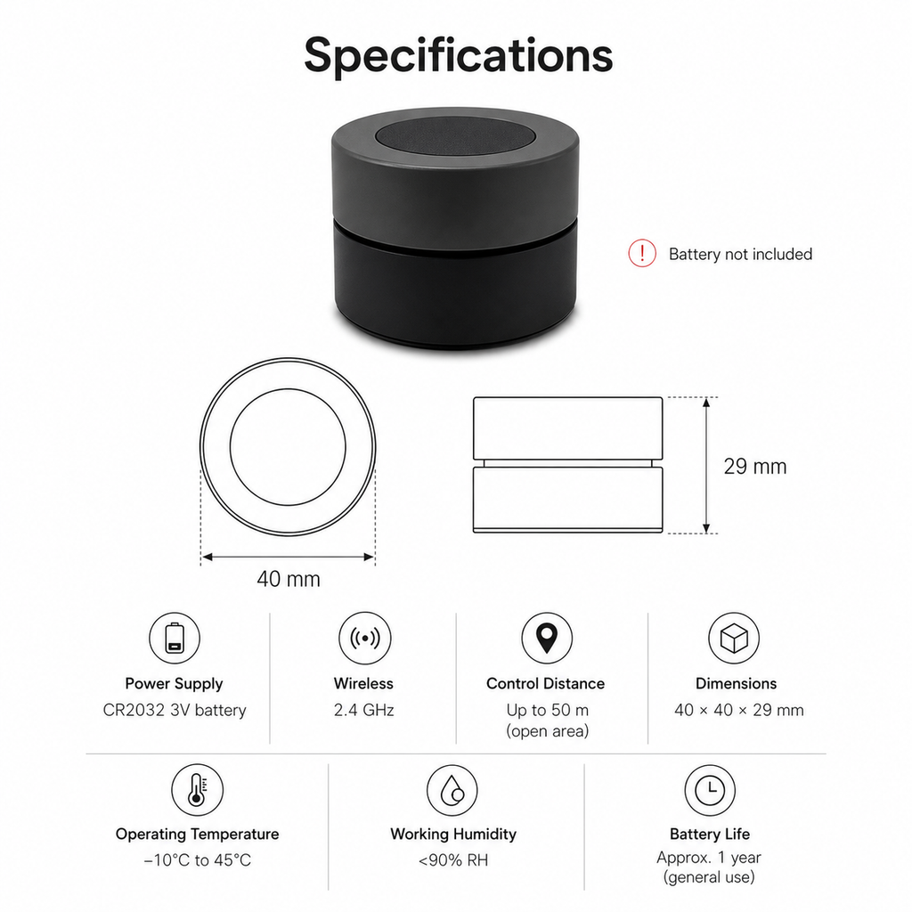 Specifications and dimensions for smart knob scene button