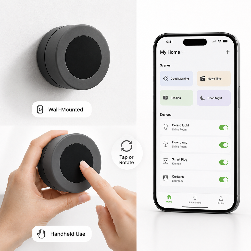 Wall and mobile scene control options for smart knob button