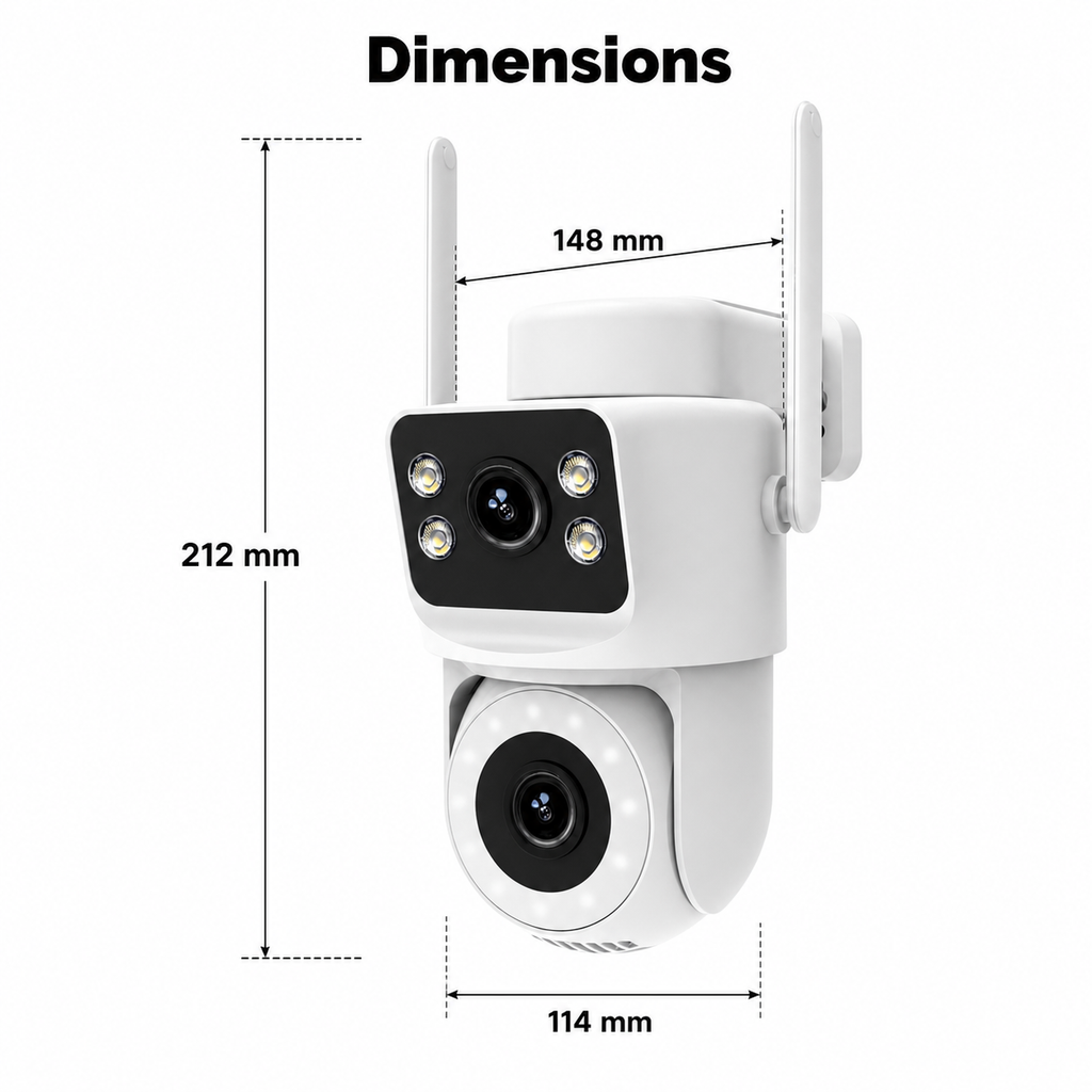 Detailed dimensions diagram for outdoor dual-lens camera