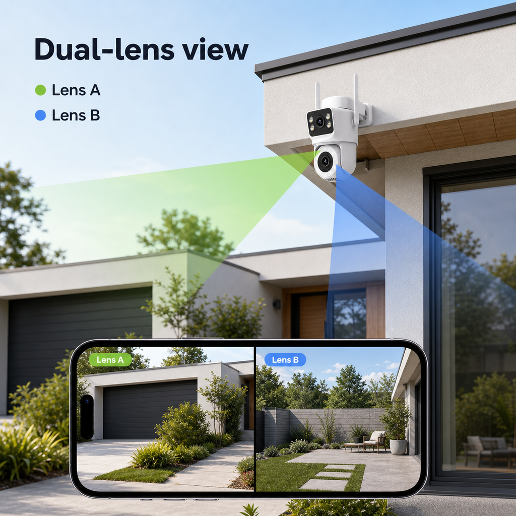 Dual-lens mobile view for outdoor security camera