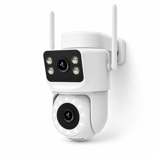 Studio packshot of white outdoor dual-lens WiFi camera