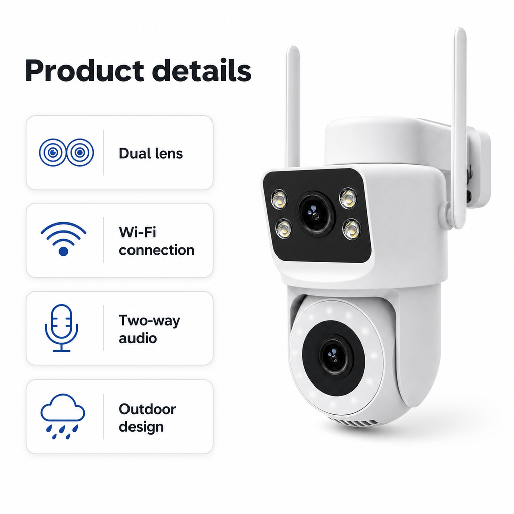 Product details overview for dual-lens outdoor WiFi camera